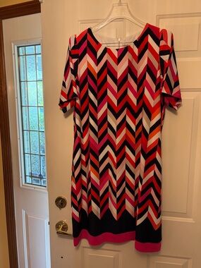 Signature Chevron Midi Dress in Pink, Red, Black & Cream